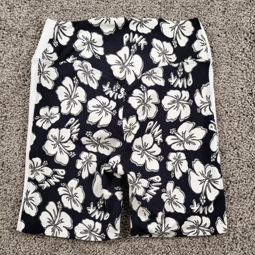 PINK Victoria's Secret Active Biker Shorts XS Black White Hibiscus 449599-QFP - Picture 2 of 8